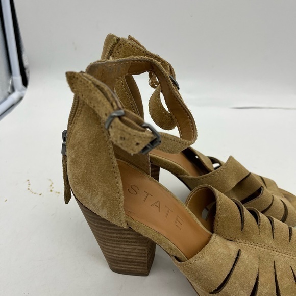 1. State Women’s Nallay Tan Genuine Suede Block Heel Ankle Strap Sandal Heels - Picture 8 of 14